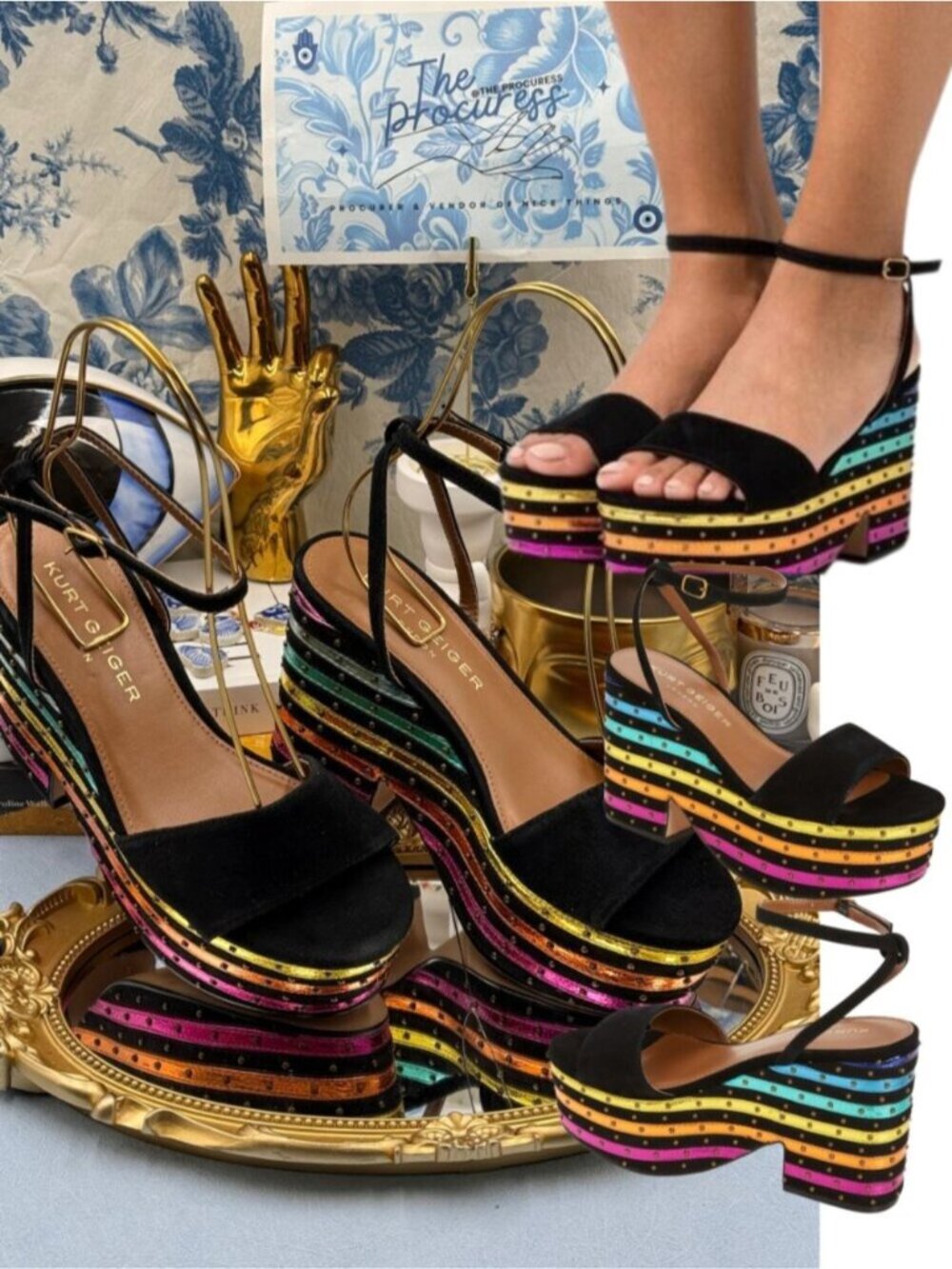 🆕 KURT GEIGER LONDON 🧿 NWOB Shoreditch Rainbow Platform Sandal, Black - Sz US6